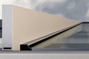 Das innovative Glasauflagen-System sorgt für eine zuverlässige Entwässerung durch die integrierte Neigung bei gleichzeitig optisch gerader, rechtwinkliger Form von außen.