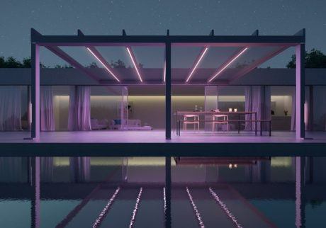 Flachdach Terrassendach weinor terrazza pure: Mit 48 Farb- und 3 Weißtönen schaffen die hochwertigen Farb-LED-Bänder in Pfosten und Dachträger eine individuelle Atmospähre unter dem Terrassendach.